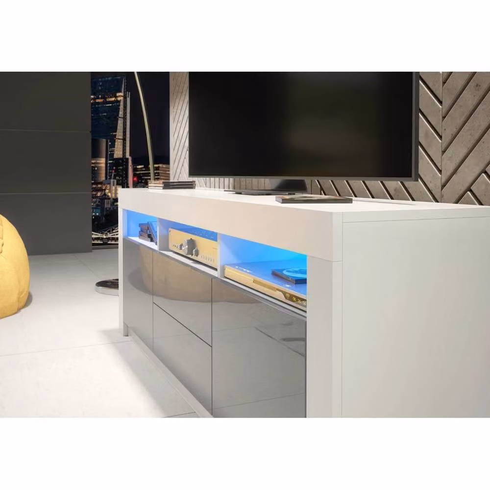 PAWNORA Modern TV Unit with White Matt Body and Grey High Gloss Fronts – 2