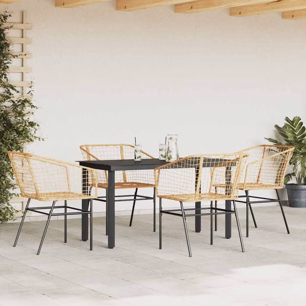 Berkfield Home 5 Piece Brown Poly Rattan Garden Dining Set with Glass Top – 2