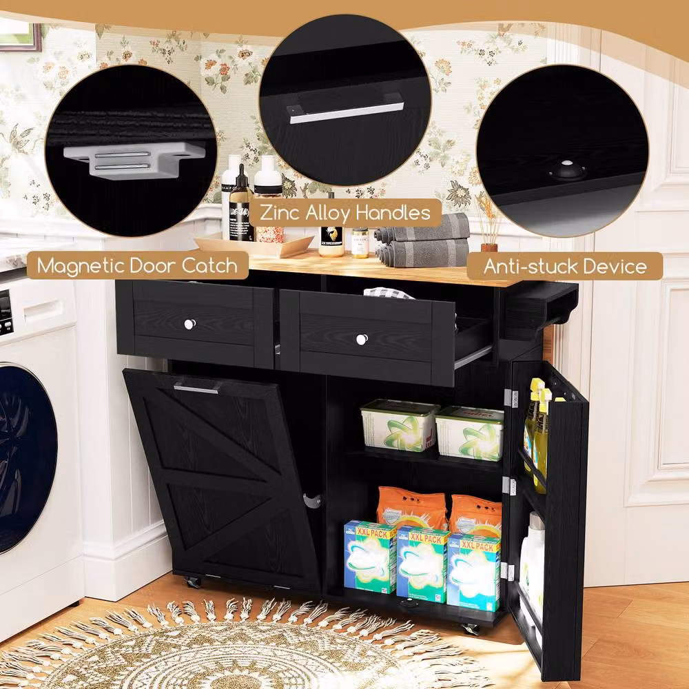Costway Rolling Kitchen Island with Drop Leaf and 2 Drawers in Black – 8