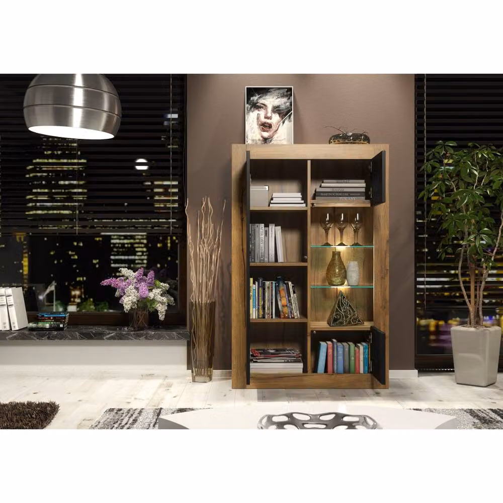 Mex Furniture LTD Arcadia Display Cabinet in Dark Oak and Black Matt with Integrated LED Lighting, W: 140 cm, H: 93 cm, D: 35 cm – 4