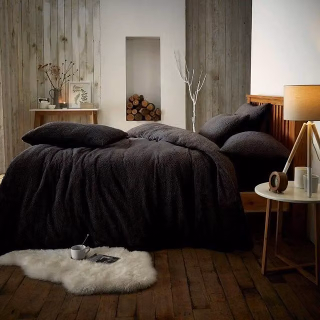 Smart Living Luxury Teddy Fleece Plain Duvet Cover and Pillowcase Set in Black, W: 180 cm, L: 200 cm – 1