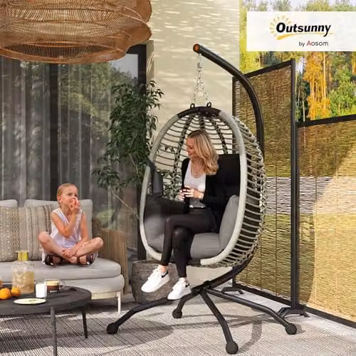Outsunny Modern Egg Hanging Swing Chair with Metal Stand and Rope Structure in Grey – 2