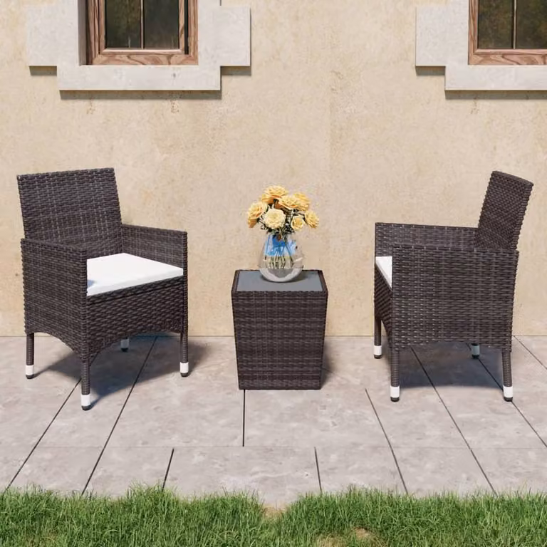 Berkfield Home 3 Piece Brown Poly Rattan and Tempered Glass Garden Bistro Set
