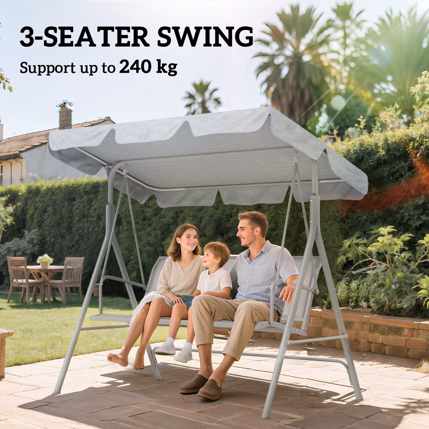 Outsunny 3-Seater Metal Garden Swing Chair with Sun Canopy in Matt Light Grey – 5