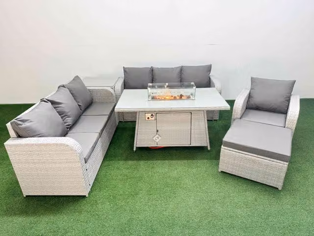 Fimous 8 Seater Poly Rattan Outdoor Garden Furniture Set in Grey with Firepit Dining Table, 3 Seater Sofa, Reclining Chairs and Big Footstool