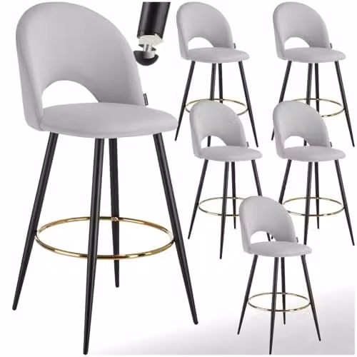 tectake Set of 6 Modern Bar Stools with Velvet-Look Covers and Metal Legs in Grey and Black