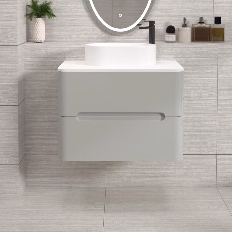 Royal Bathrooms Venice Wall Hung Vanity Unit with 2 Drawers, Dove Grey and White Worktop with Peak Basin, Width: 70 cm