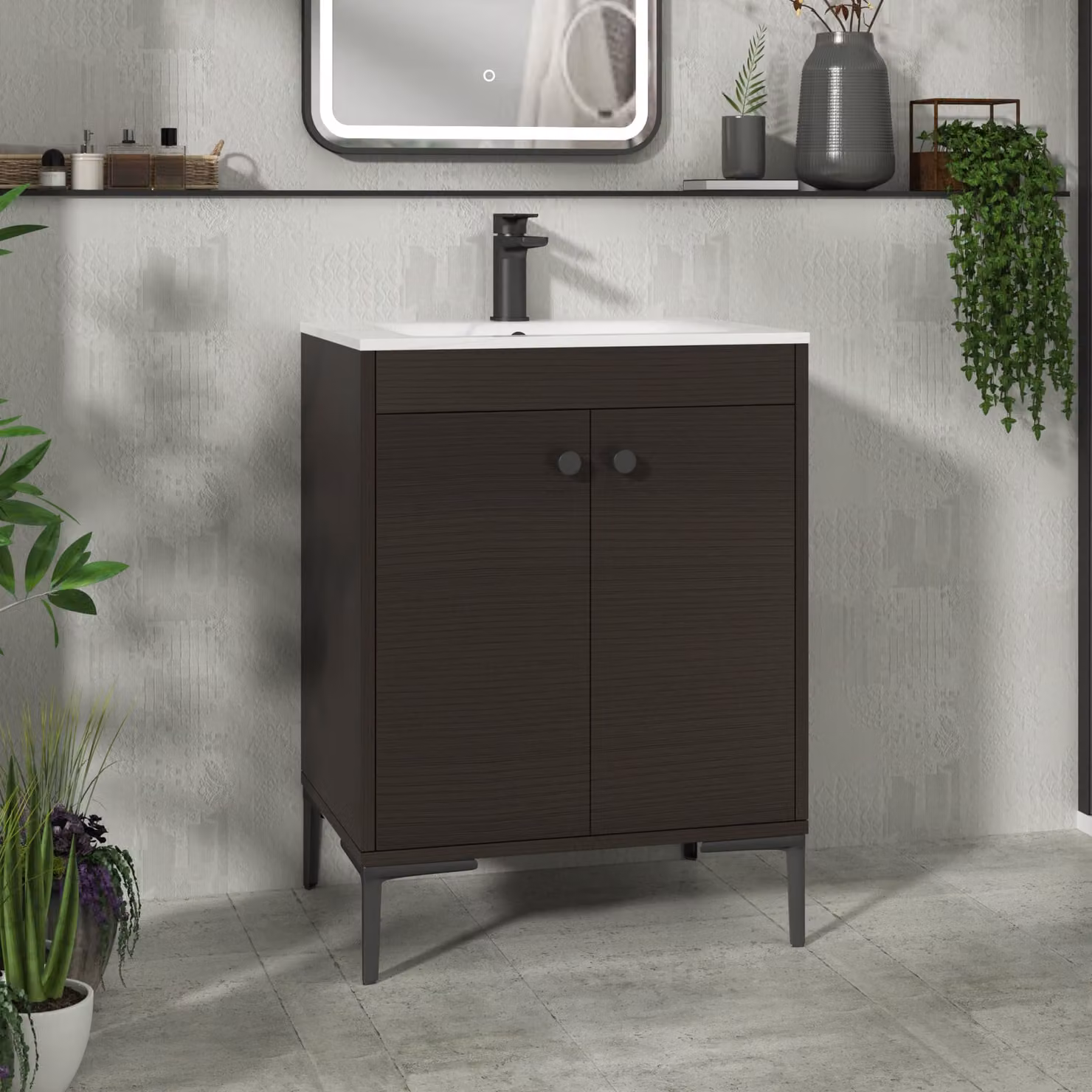 Royal Bathrooms Verona 600mm Walnut Woodgrain Floor Standing 2 Door Vanity Unit with Carrara White Basin and Matt Black Knob