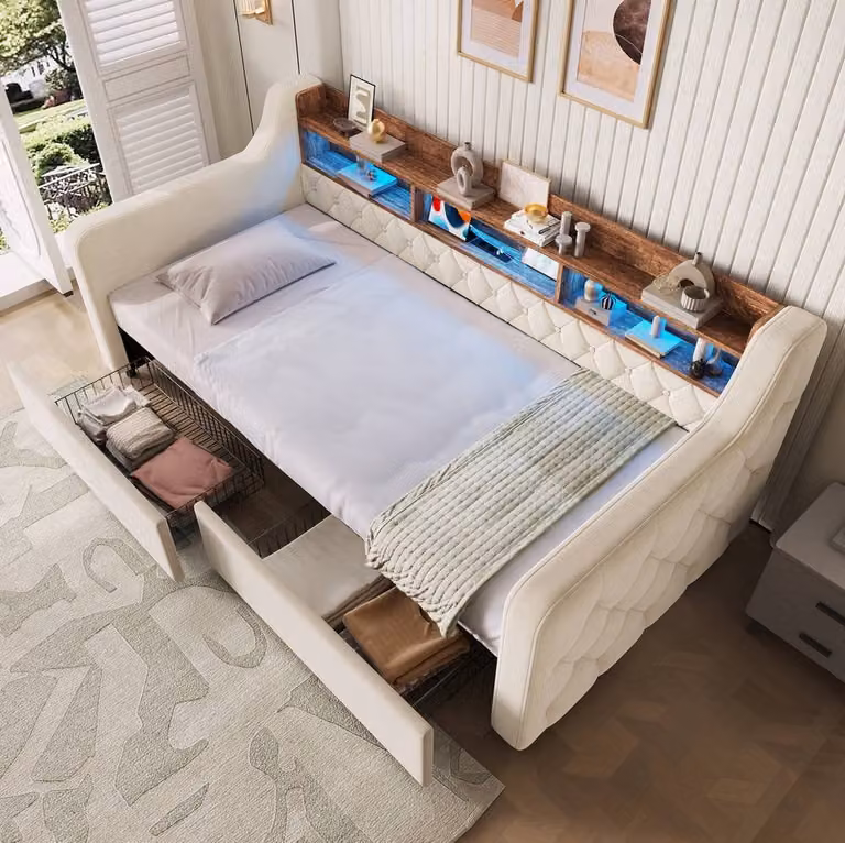 STILVORA Single Storage Bed in Beige Velvet with LED Lighting, USB Charging Port and Drawers, W/D/H: 90 x 190 cm