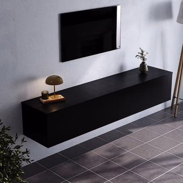 PAWNORA Modern Floating TV Cabinet Unit in Matt Black