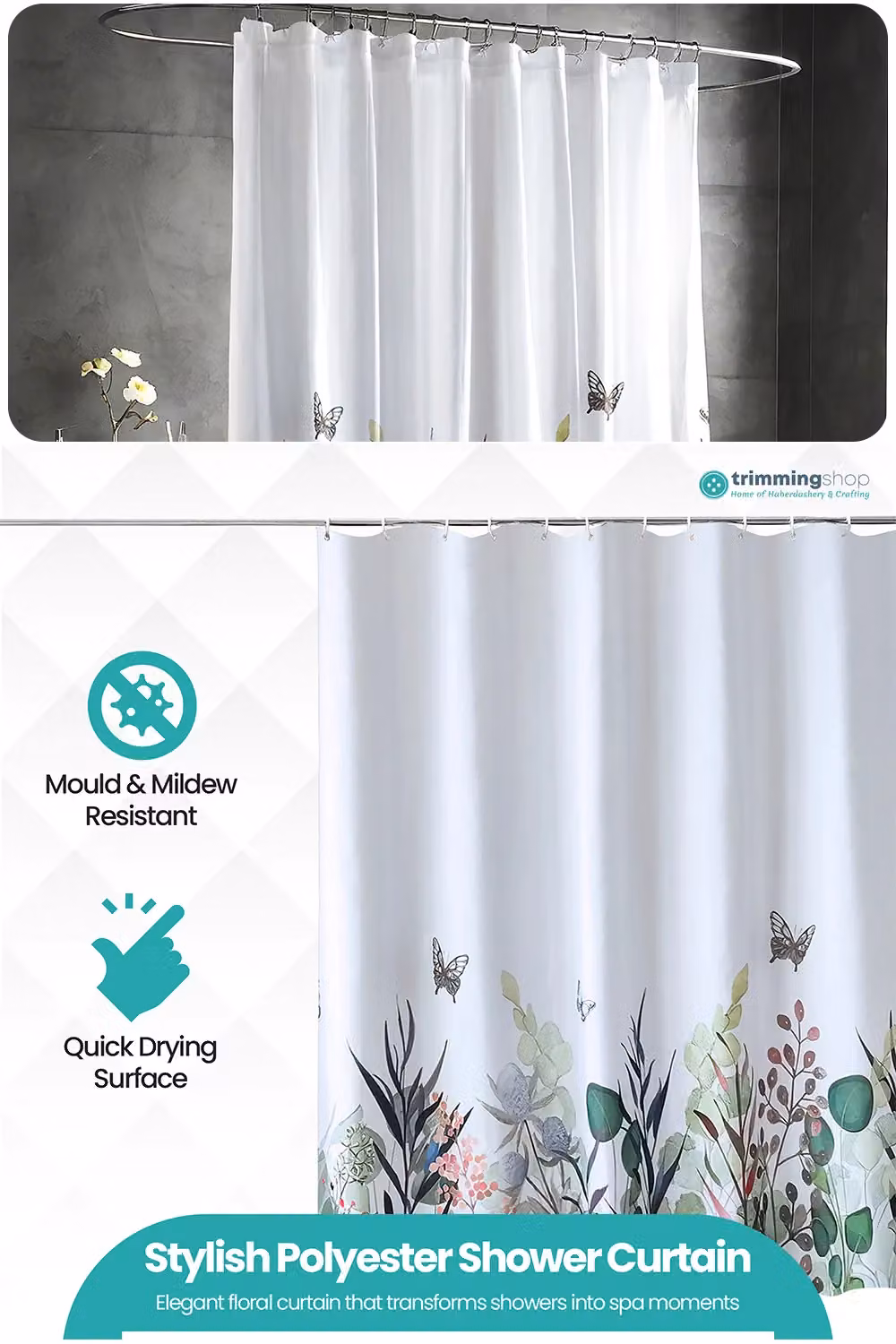 Neel Blue Wildflower Themed Water Resistant Polyester Shower Curtain in White and Blue, W/D/H: 180 x 200 cm – 2
