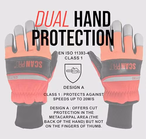 Scan Class 1 Chainsaw Leather Protective Work Gloves in Red, Size L (9) – 3