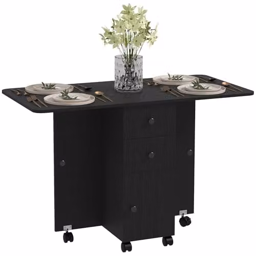 HOMCOM Extendable Drop Leaf Dining Table with Castors, Black, W: 60-120 cm, D: 30-60 cm, H: 76.5 cm