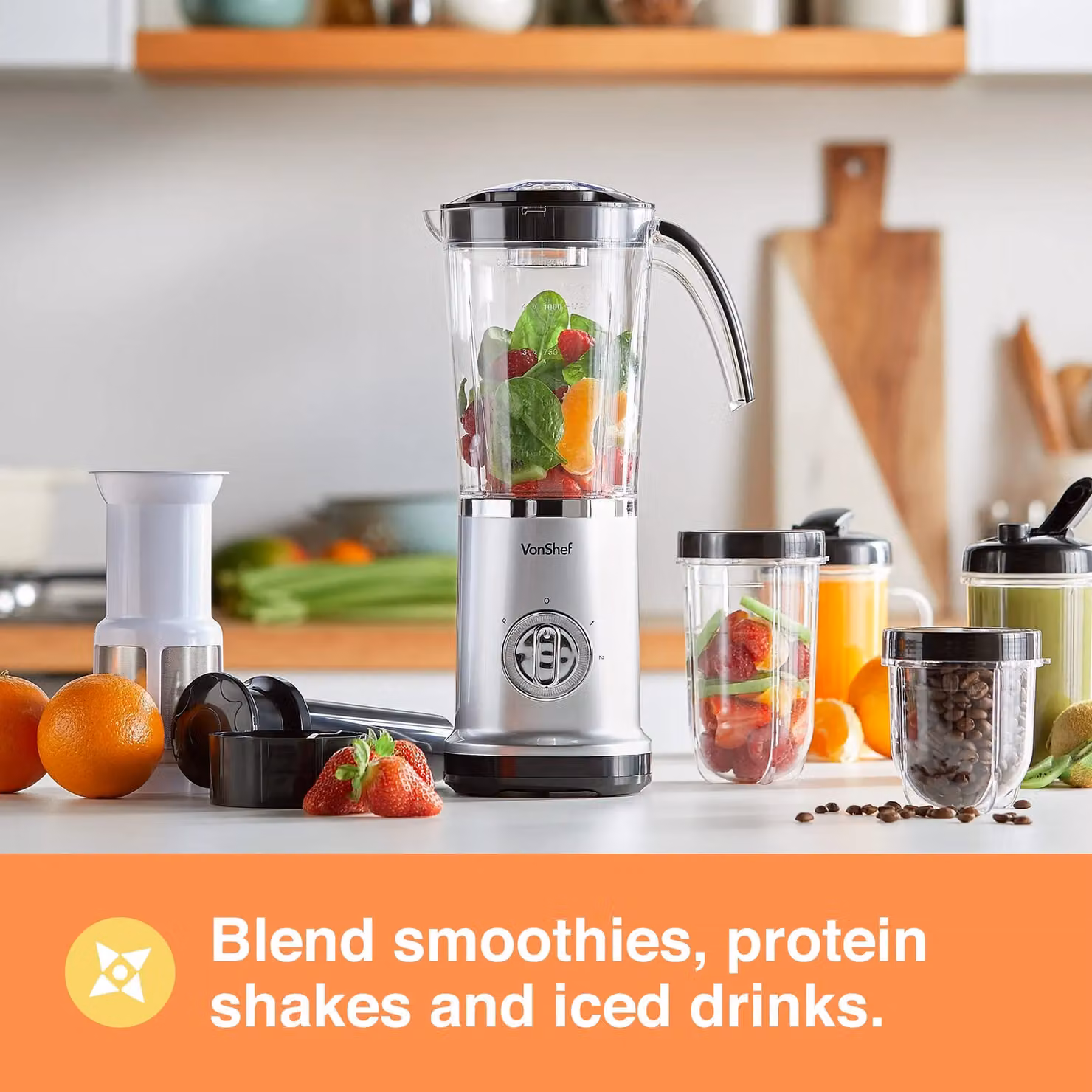 VonShef 4-in-1 Multifunctional Smoothie Maker, Blender, Juicer and Grinder Set with 17 Pieces, 220W, Metallic Silver – 2