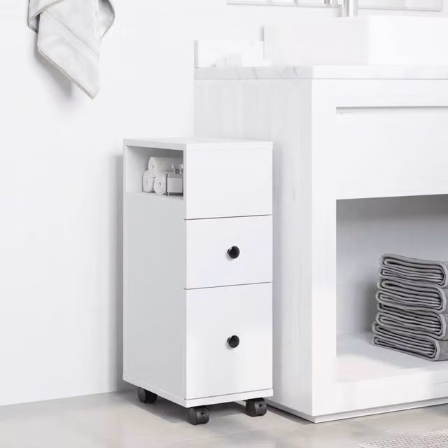Berkfield Home Narrow Bathroom Cabinet with Wheels in White Engineered Wood, W/D/H: 23.0 x 33.0 x 65.0 cm