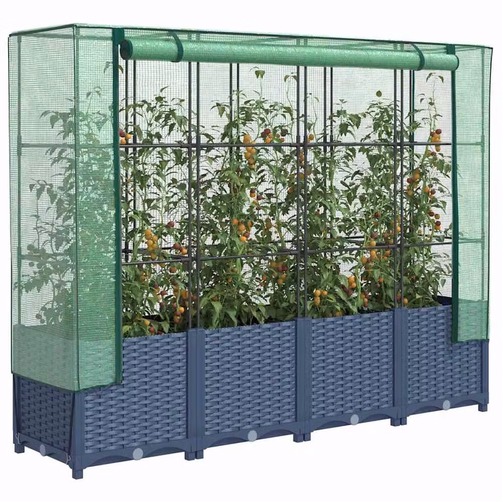 Berkfield Home Raised Bed with Greenhouse Cover in Dark Blue Rattan Look, W/D/H: 160 x 40 x 138 cm – 2