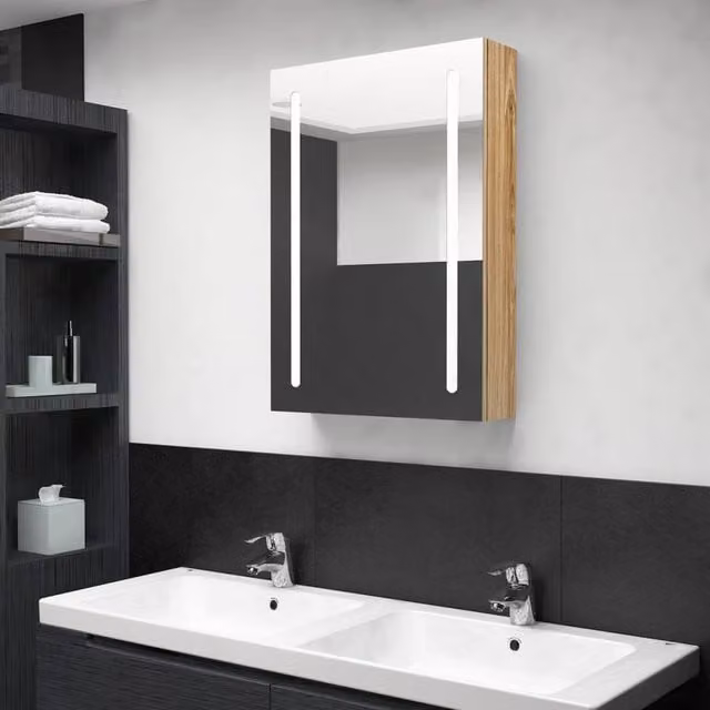 Berkfield Home Modern Oak LED Bathroom Mirror Cabinet in Brown, W/D/H: 50 x 13 x 70 cm
