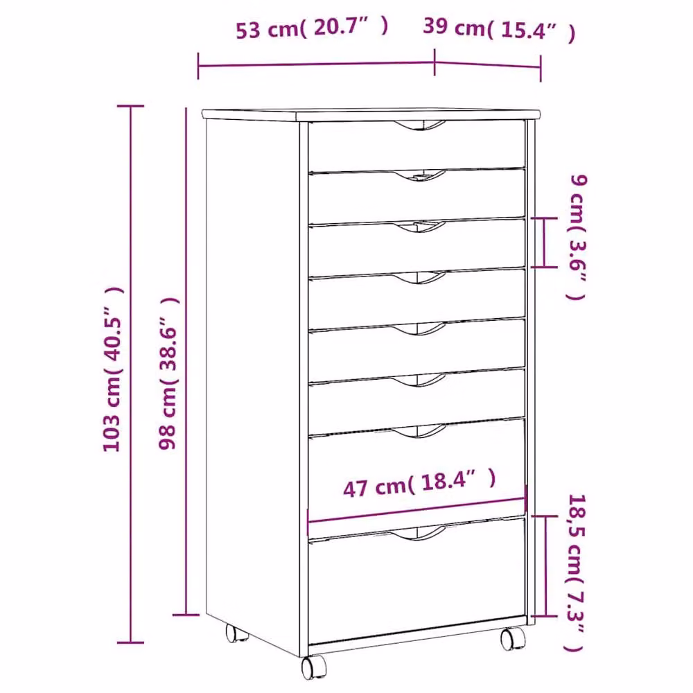 Berkfield Home Rolling Cabinet with Drawers in Moss Honey Brown Solid Wood Pine, W/D/H: 53 x 39 x 103 cm – 4