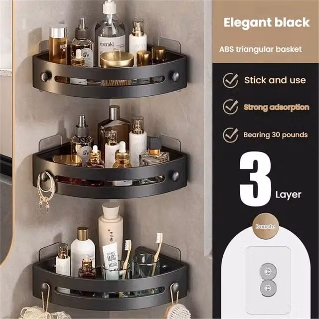 EONLION 3-Piece Adhesive Corner Organiser Storage Rack in Black – 1