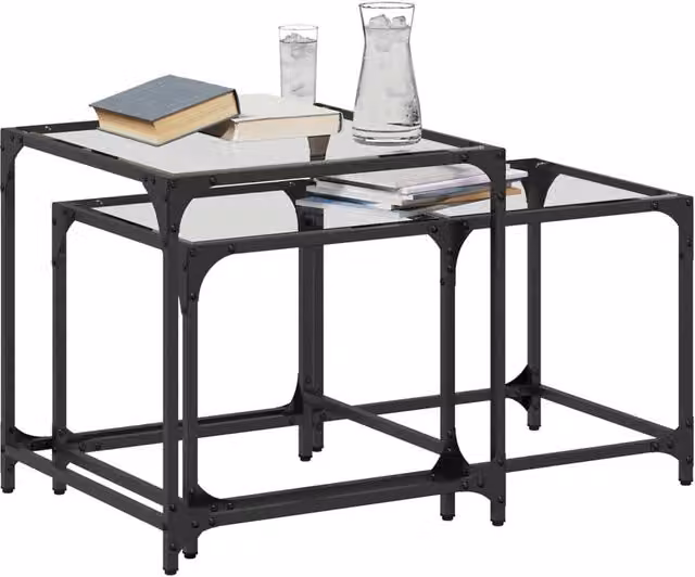 Berkfield Home Nesting Coffee Tables, 2 Piece Set with Transparent Glass Tops and Black Steel Frames