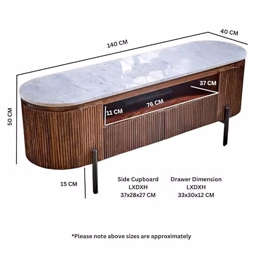 Adorable Lifestyle Modern Brown Opal TV Cabinet with Stone Top and Metal Legs, W: 140 cm, D: 40 cm, H: 50 cm – 4