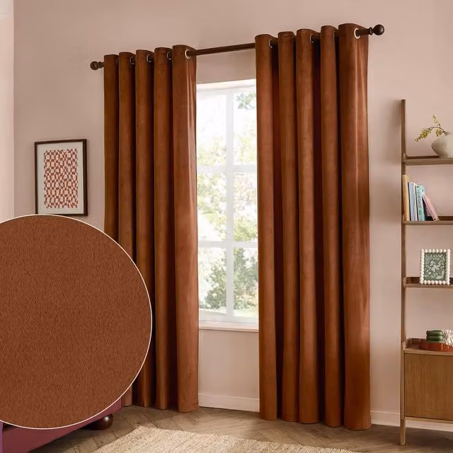 Furn Terracotta Velvet Blackout Eyelet Curtain Pair, Width: 168 cm, Drop: 183 cm – 1