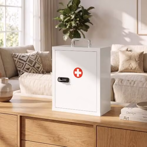 HOMCOM Wall Mounted White Metal Medicine Cabinet with Combination and Key Lock, W/D/H: 32 x 14 x 38 cm – 6