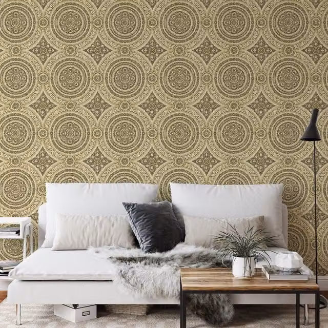 Wallquest Caspia Classic Floral Damask Wallpaper in Gold and Yellow