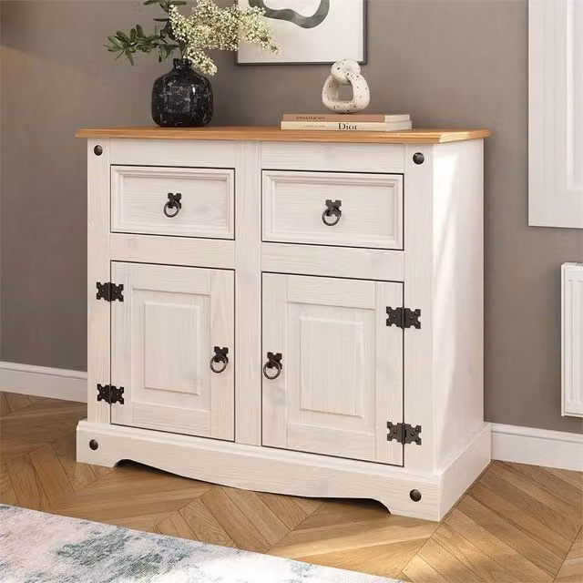 Nordara White Rustic Solid Pine Sideboard with 2 Doors and 2 Drawers – 1