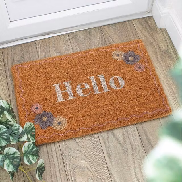 Kingsbury Gifts Natural Coir Floral Hello Doormat in Brown