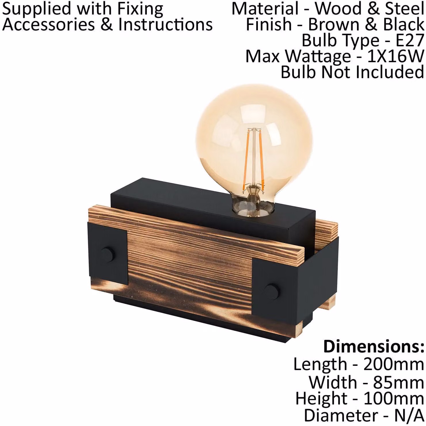 Loops 2 Pack Table Lamps in Black Steel and Wood with E27 Bulb Included – 2
