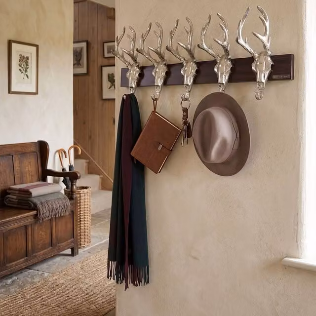 Orsina 5 Stag Head Wall Mountable Coat Hanger with Decorative Hooks in Silver and Brown – 2