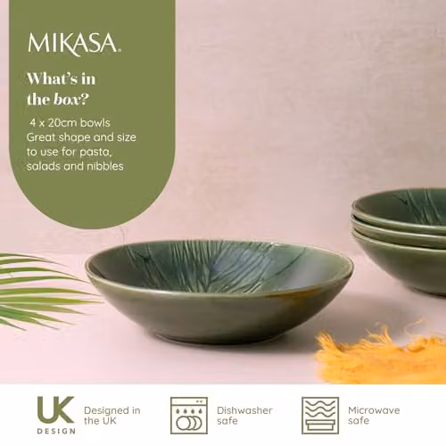 Mikasa Jardin Floral Stoneware Pasta Bowl Set, Green, 4 Pieces, Diameter: 20 cm – 2