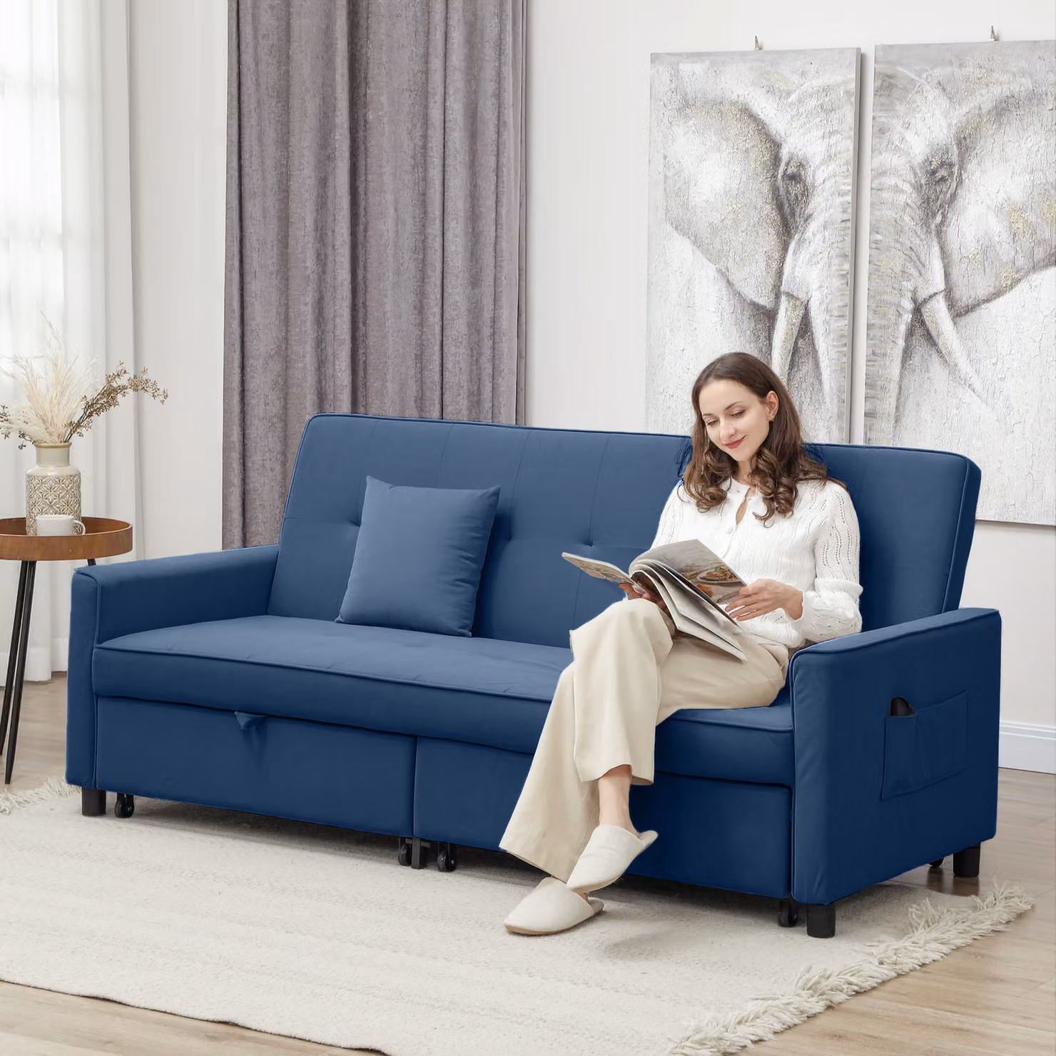 HOMCOM Three-Person Blue Velvet Click-Clack Sofa Bed with Solid Wood Frame and Scatter Cushions – 2