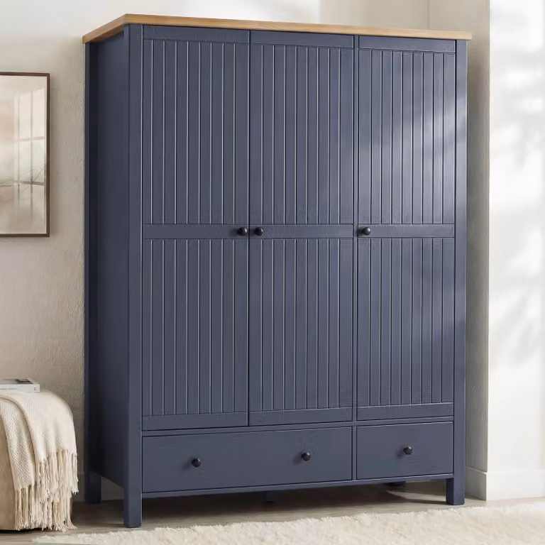 DHS Linra 3 Door Wardrobe with Drawers and Shelves in Blue and Black Lacquered Wood, H 186 cm x W 140.5 cm x D 55 cm