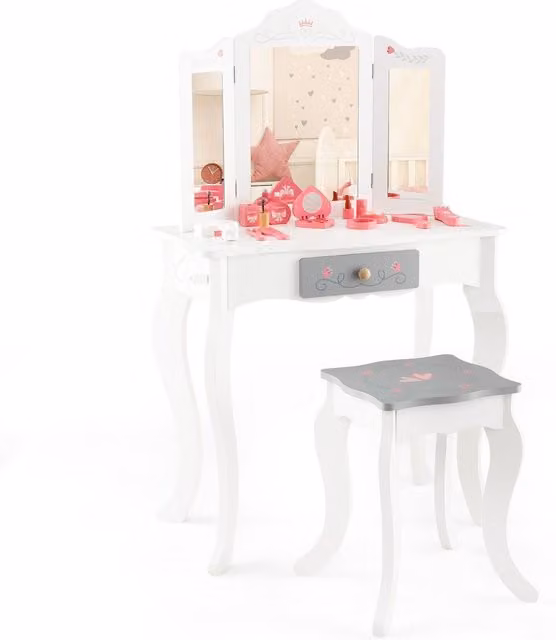 Costway Kids 2 in 1 Princess Pretend Makeup Vanity Table Set in White