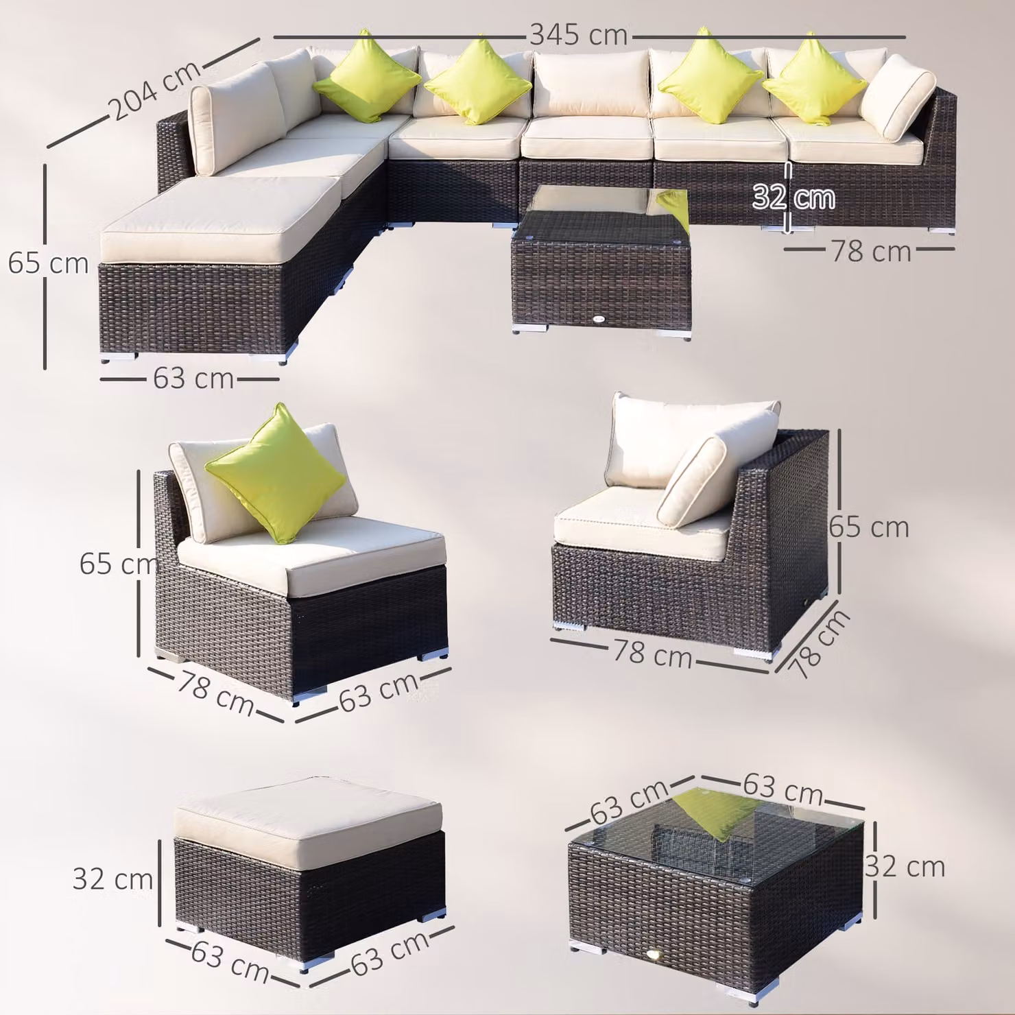 Outsunny 8pc L-Shape Rattan Corner Sofa Set with Upholstered Cushions, Matching Ottoman and Glass Top Coffee Table in Brown and Grey – 3
