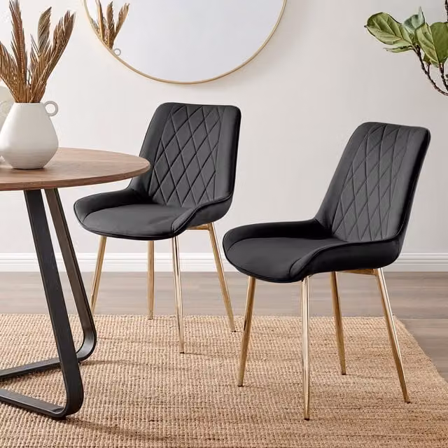 FurnitureboxUK Set of 2 Pesaro Black Velvet Dining Chairs with Gold Metal Legs and Diamond Pattern – 1