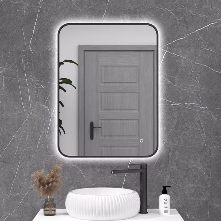 Royal Bathrooms Luton Rectangular LED Illuminated Bathroom Mirror in Matt Black, W: 60 cm, H: 80 cm