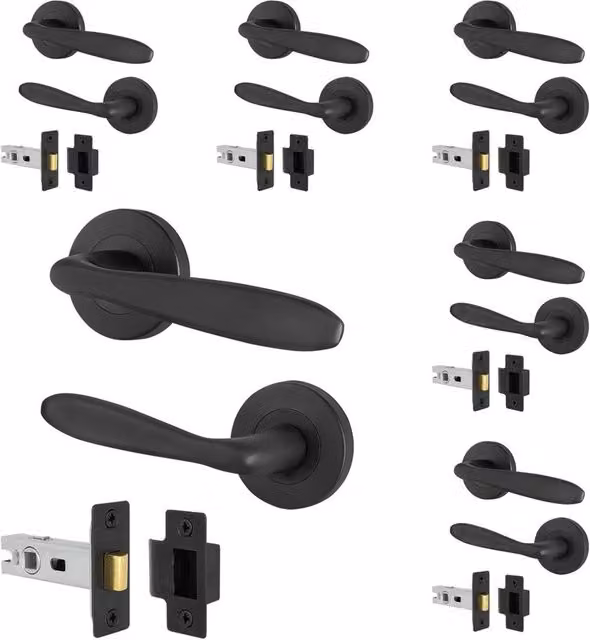 AFIT Matt Black Curved Door Handle Latch Set with Round Rose, 6 Pairs, 64mm Spacing, W/D/H: 15 x 15 x 1.5 cm – 1