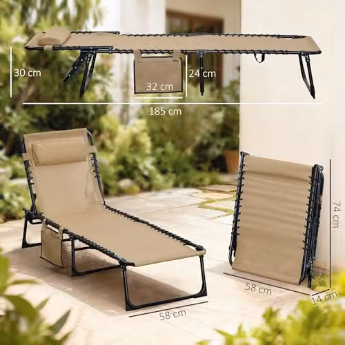 Outsunny Portable Folding Camping Bed Cot with Adjustable Headrest and Side Compartments, Beige, W/D/H: 190 x 68 x 30 cm – 3