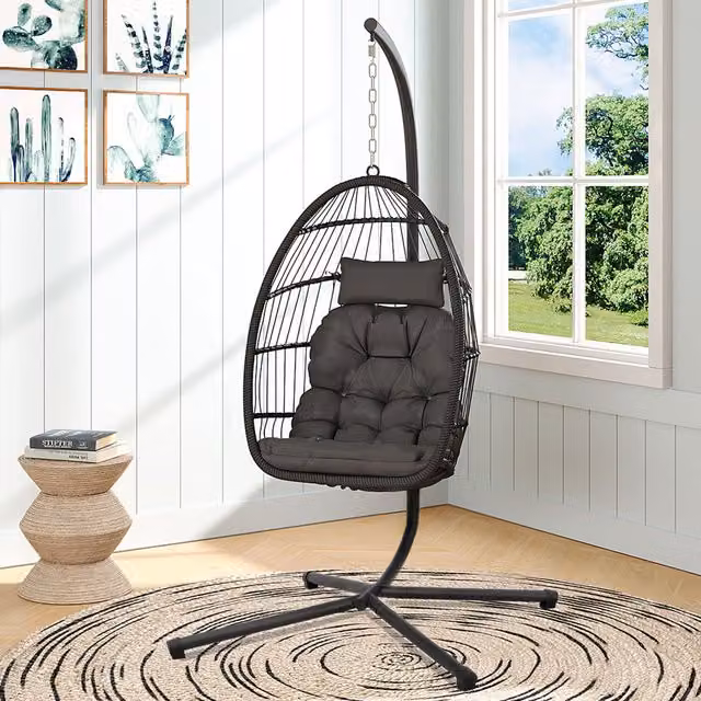 Breeins Grey Rattan Outdoor Hanging Chair with Stand and Cushion