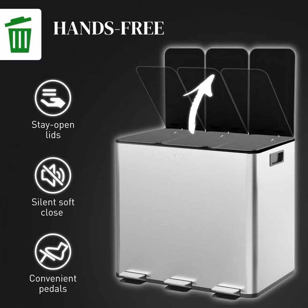 Ventryn Triple Kitchen Pedal Bin for Recycling and Waste, Silver, 3 x 15L – 2