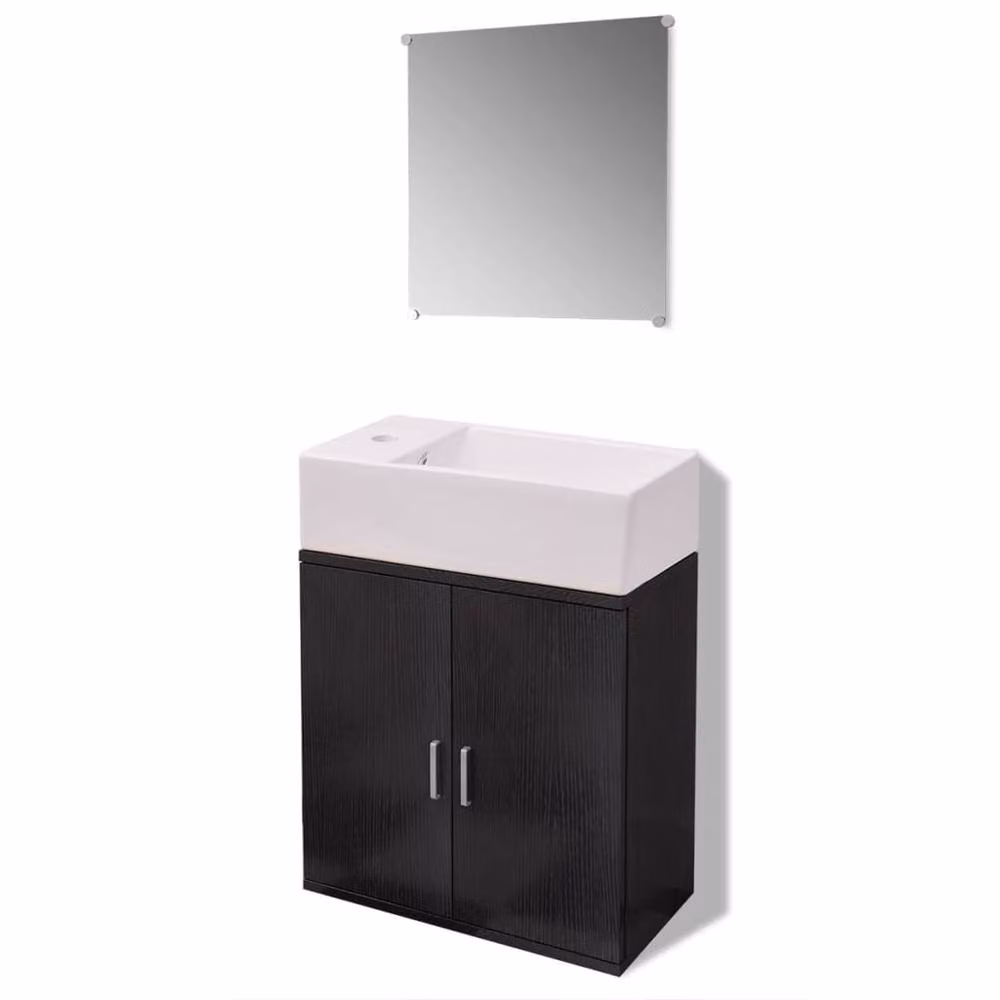 Berkfield Home Modern Three Piece Matt Black Bathroom Furniture and Ceramic Basin Set including Vanity Unit, Mirror Cabinet and Wall Cabinet – 2