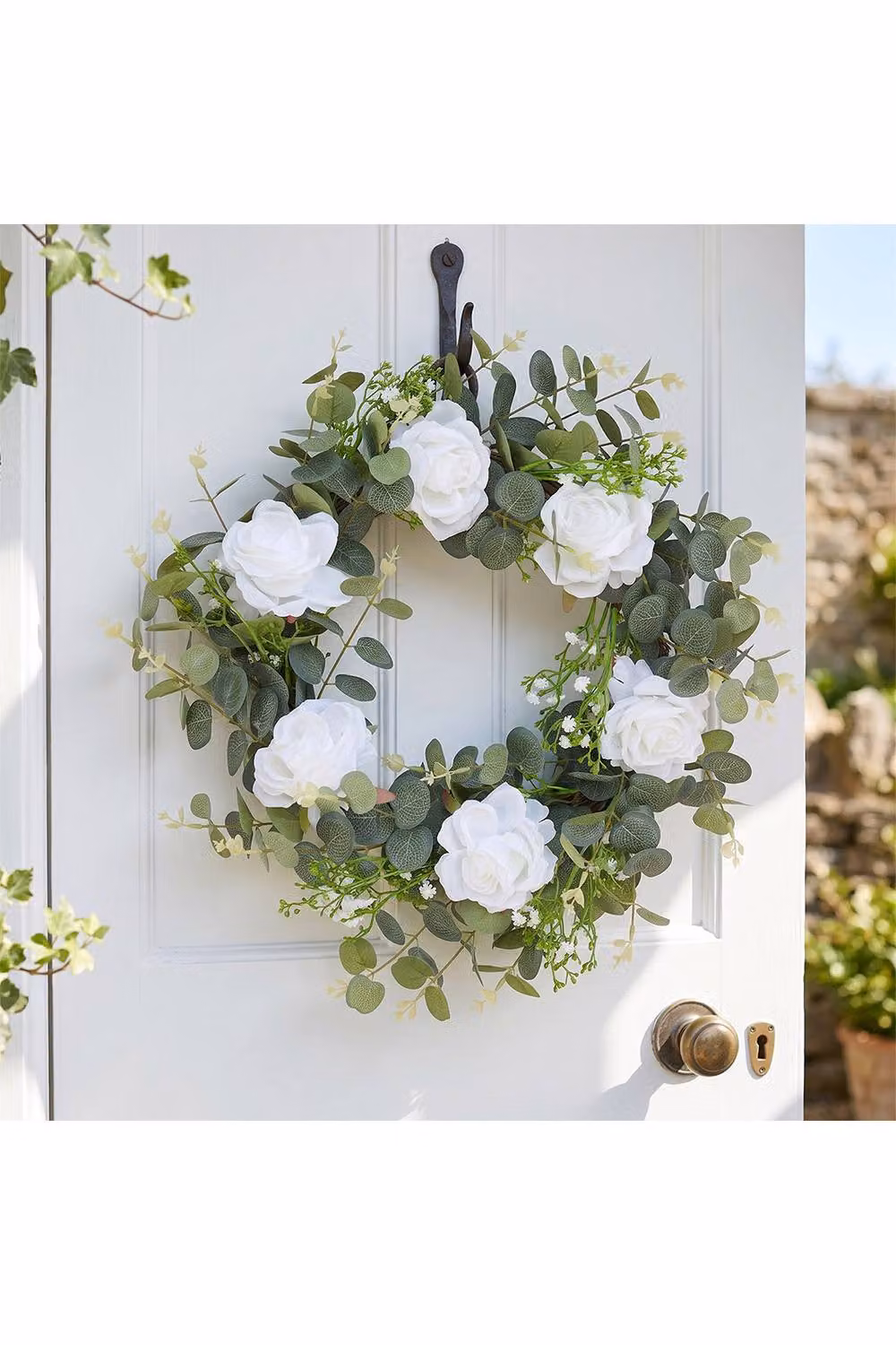 Living and Home Artificial White Rose Wreath with Grey Rattan for Wedding and Rustic Wall Decor – 2
