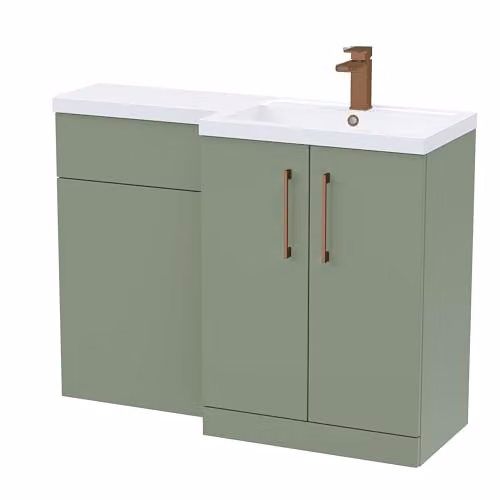 Balterley Corner L-Shaped Vanity Unit with WC Unit and L-Shaped Basin, Green with Brushed Bronze D-Shape Handles – 1