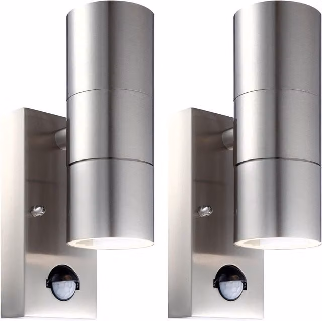 First Choice Lighting Blaze Set of 2 Stainless Steel Outdoor Motion Sensor Wall Lights in Silver