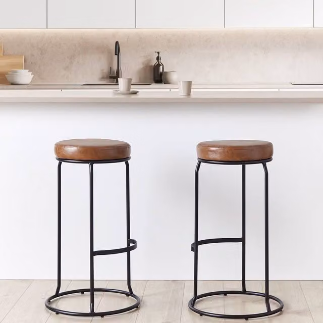 Wyld and Coco Brown Faux Leather Bar Stools 2-Pack with Black Metal Legs