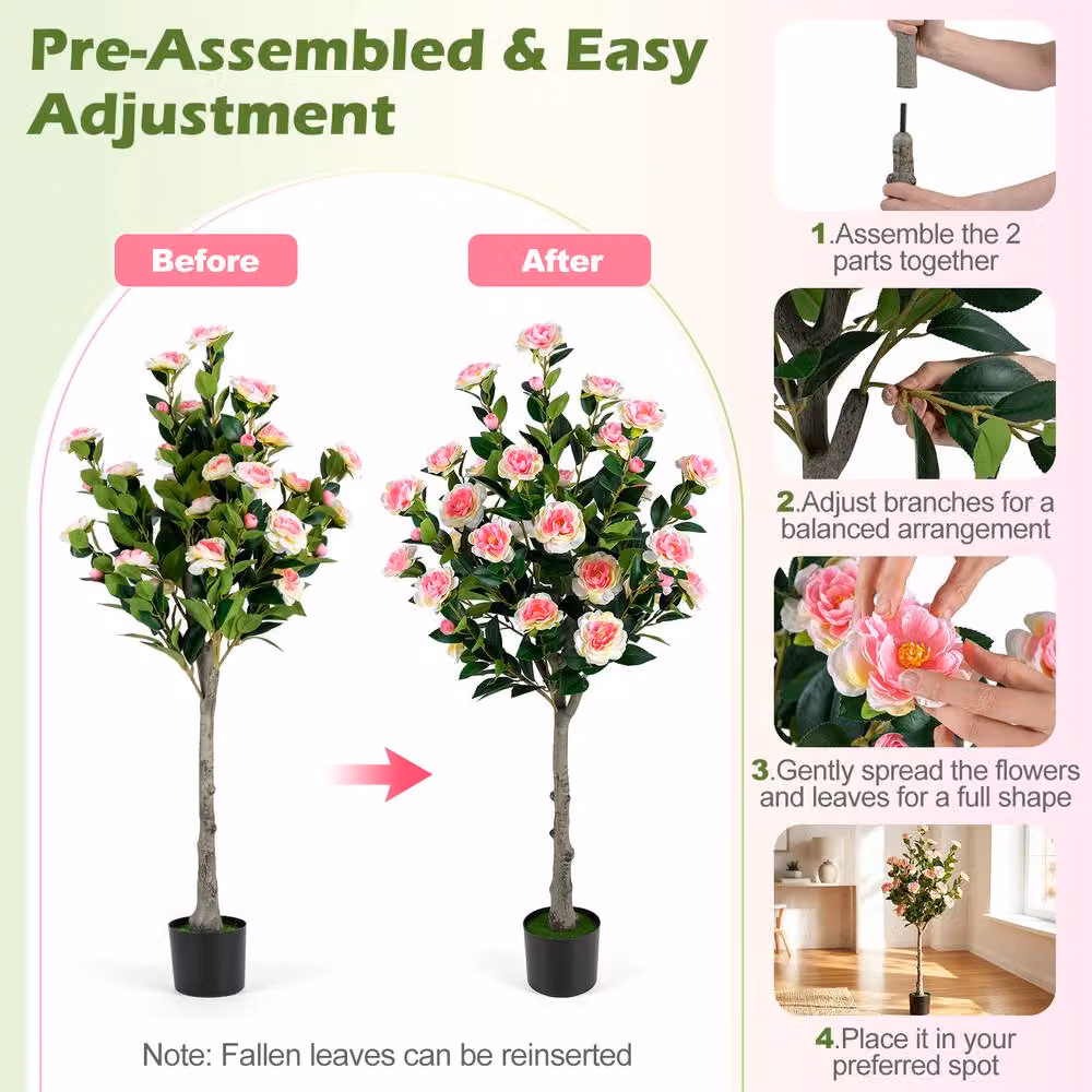 Costway Artificial Camellia Tree Faux Greenery Plant in Green and Pink – 5
