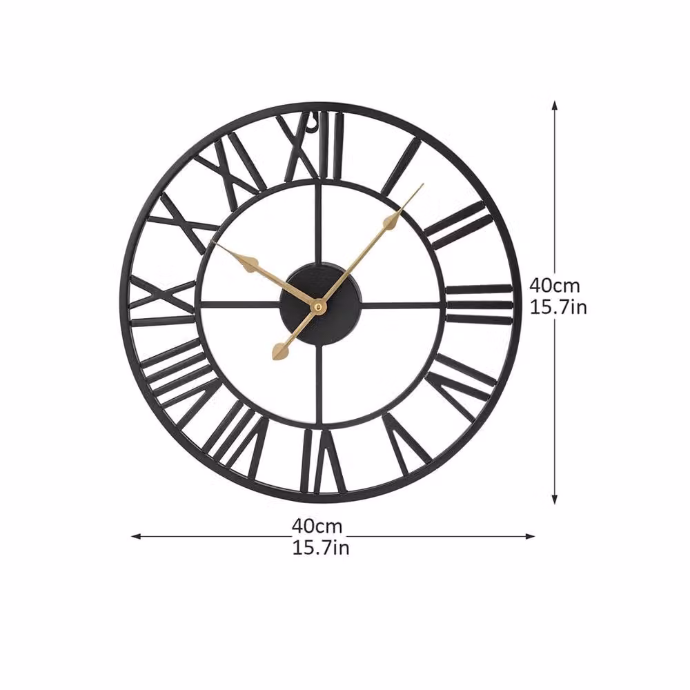 Nordara Black and Bronze Roman Numeral Metal Large Round Wall Clock in Black, Diameter: 40 cm – 2